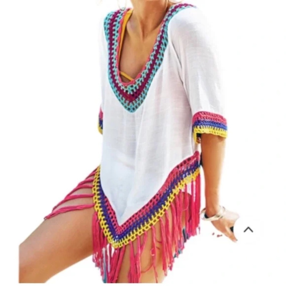 Cupshe Fringe Crochet Trim White Multicolor Cover Up